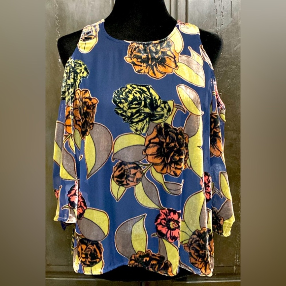 En Creme open shoulder blue velvet flowers over sheer blouse. Size medium
